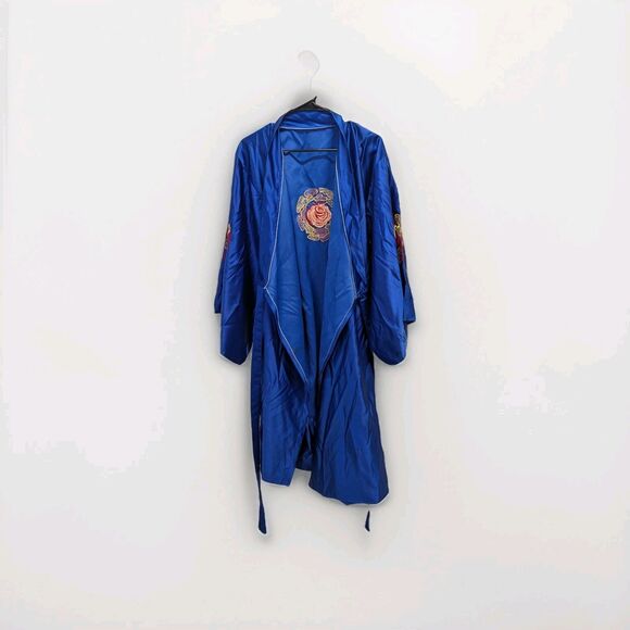 Blue Silky Kimono Robe With Red & Yellow Embroidered Rose Design - Picture 2 of 11